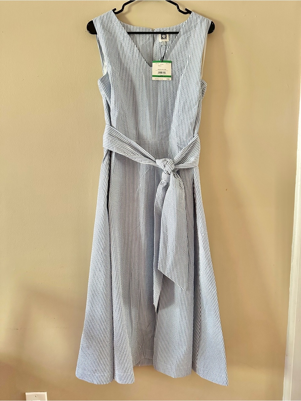NWT Anne Klein Blue and White Striped Midi Dress with Tie Waist, Sz L